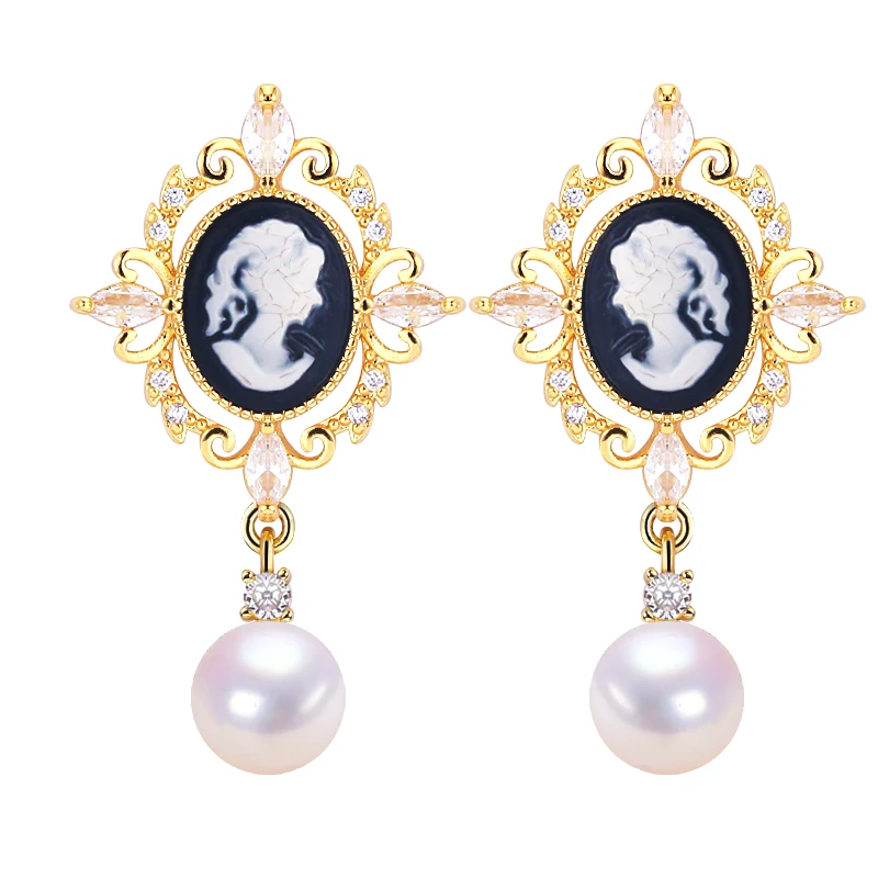 ZHBORUINI Superior Quality Natural Freshwater Pearl Earrings 14K Gold-Plated Relief Style Pearl Earrings S925 Silver Needle