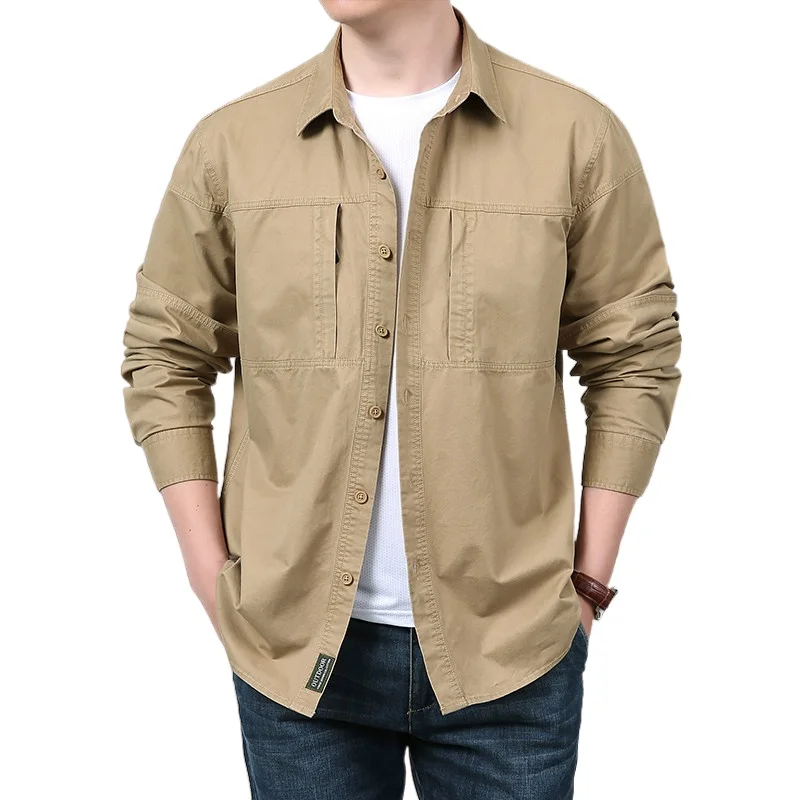 Autumn And Summertime Travel Shoot StylePocket Shirt For Men Solid Color Slim Casual Men Shirts Long Movement Sleeve Running