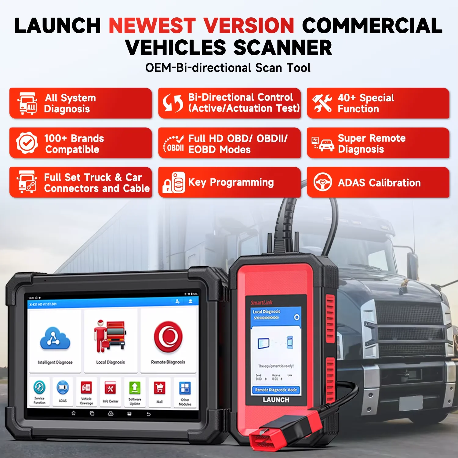 LAUNCH X431 V+ SmartLink HD Diesel Truck Diagnostic Scanner All System Heavy Duty Scan Tool, J2534 PassThru ECU Coding 60+ Reset