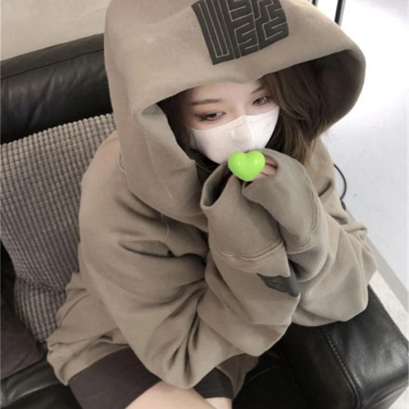 Women Trendy Geometric Print Oversized Streetwear Hooded Sweatshirts 2024 Winter Fleece Y2K Casual Long Sleeve Pullover Hoodies