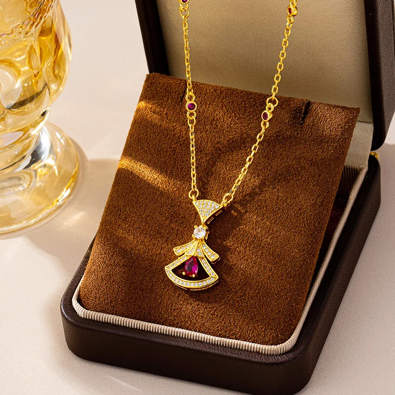 Luxury 24K 9999 Pure Gold real gold Women's Ruby Fan Pendant Necklace Small Skirt Clavicle Chain