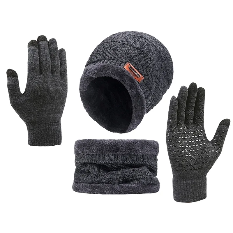 2025, Winter-Strickmütze, Hals-Handschuh-Set, dreiteilige warme Strickmütze aus Wolle, rutschfestes Touchscreen-Handschuh-Set
