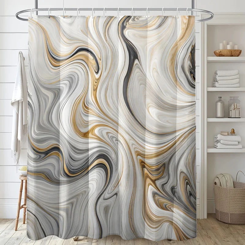 1pc Artistic Marble Pattern Shower Curtain, Waterproof Polyester Fabric with Hooks, Modern Wave Golden and Grey Design, Machine