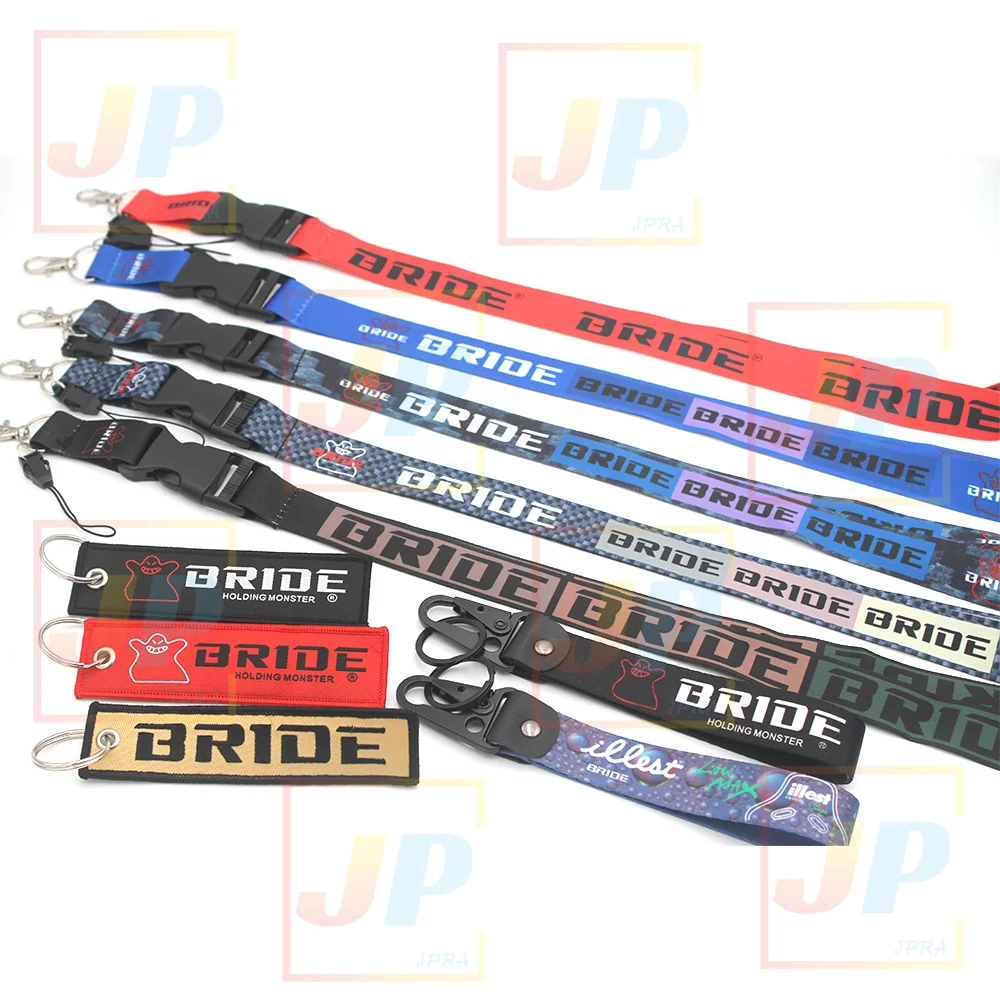 JDM Japan Racing Style 2 Sided Print Embroidery BRIDE Car Moto Lanyard Neck Strap Keychain Keyring Key Tag Accessories