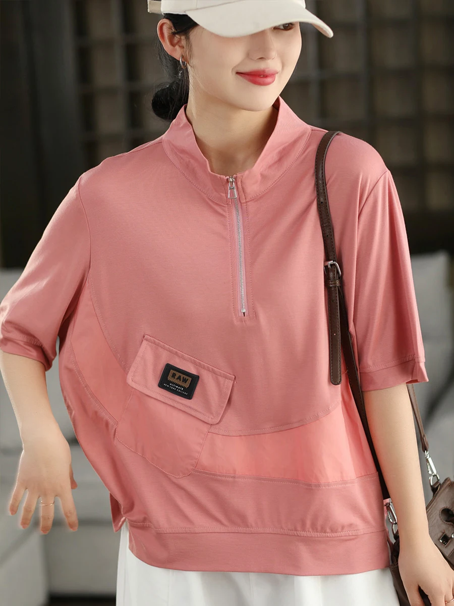 

Retro Cotton Short Sleeve T-Shirt Women's Casual Loose Fit Summer Stand Collar mid Sleeve Overhead Shirt Half Zipper Design