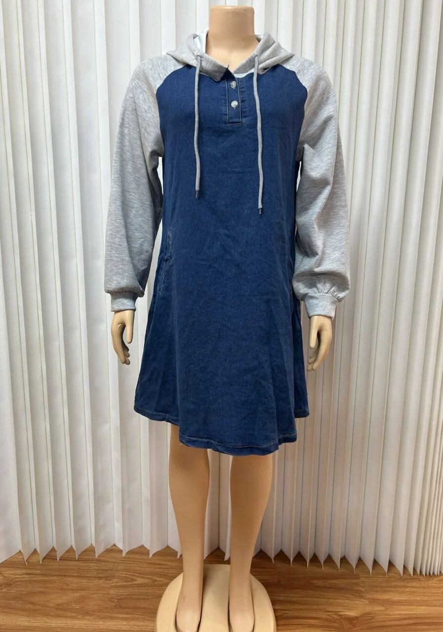 Mini Dresses Women Vintage Denim Dress Hooded Patchwork Drawstring Button Washed Streetwear A Line 2025 Female Casual Vestidos