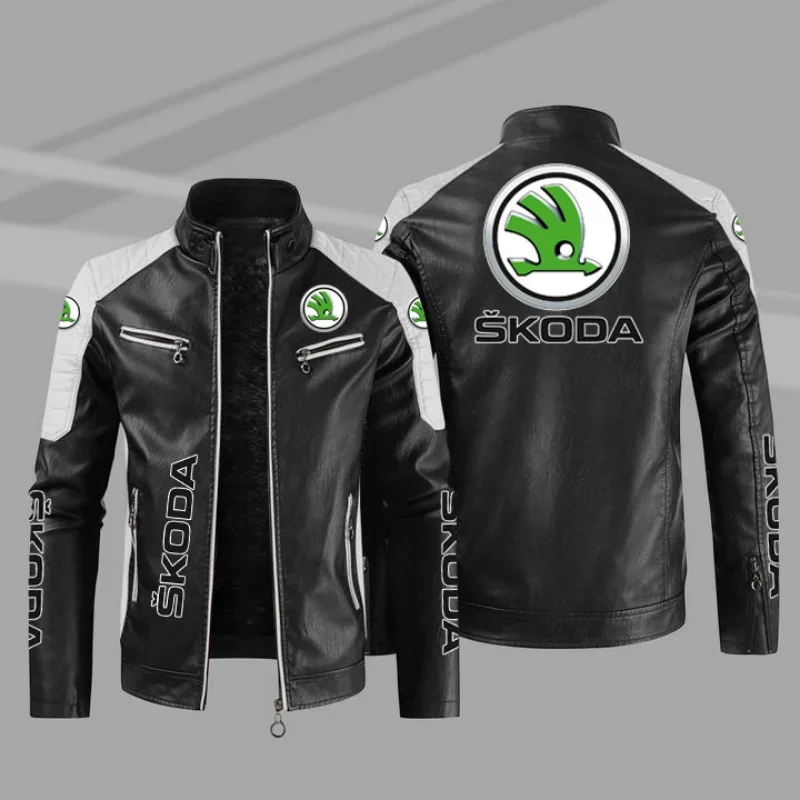 2023 New Winter Men's Skoda Car Logo Jacket Fashion Motorcycle Zipper Jacket Outwear Keep Warm Leather Man Coat 4 Colors