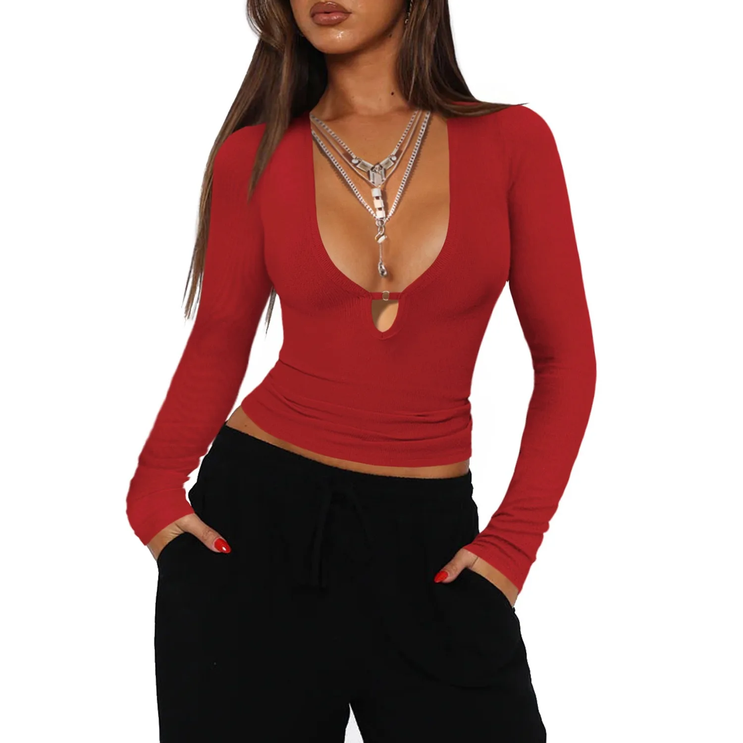 2025 Herbst Winter Neue Mode Damen Tops T-Shirt V-Ausschnitt aushöhlen Sexy und modische Slim Fit Langarm Y2k Kleidung – Detail 15