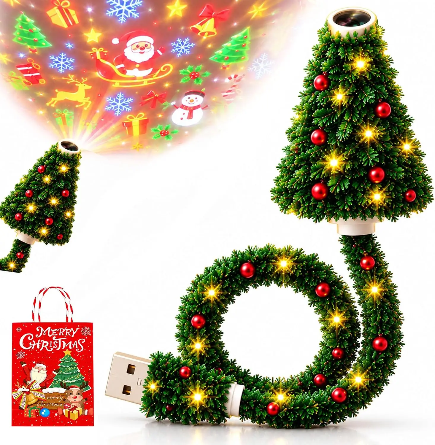 Projector Light HD Christmas Projector USB Powered Christmas Light with 6 Holiday Patterns Flexible Tree Lamp for Bedroom Ceilin