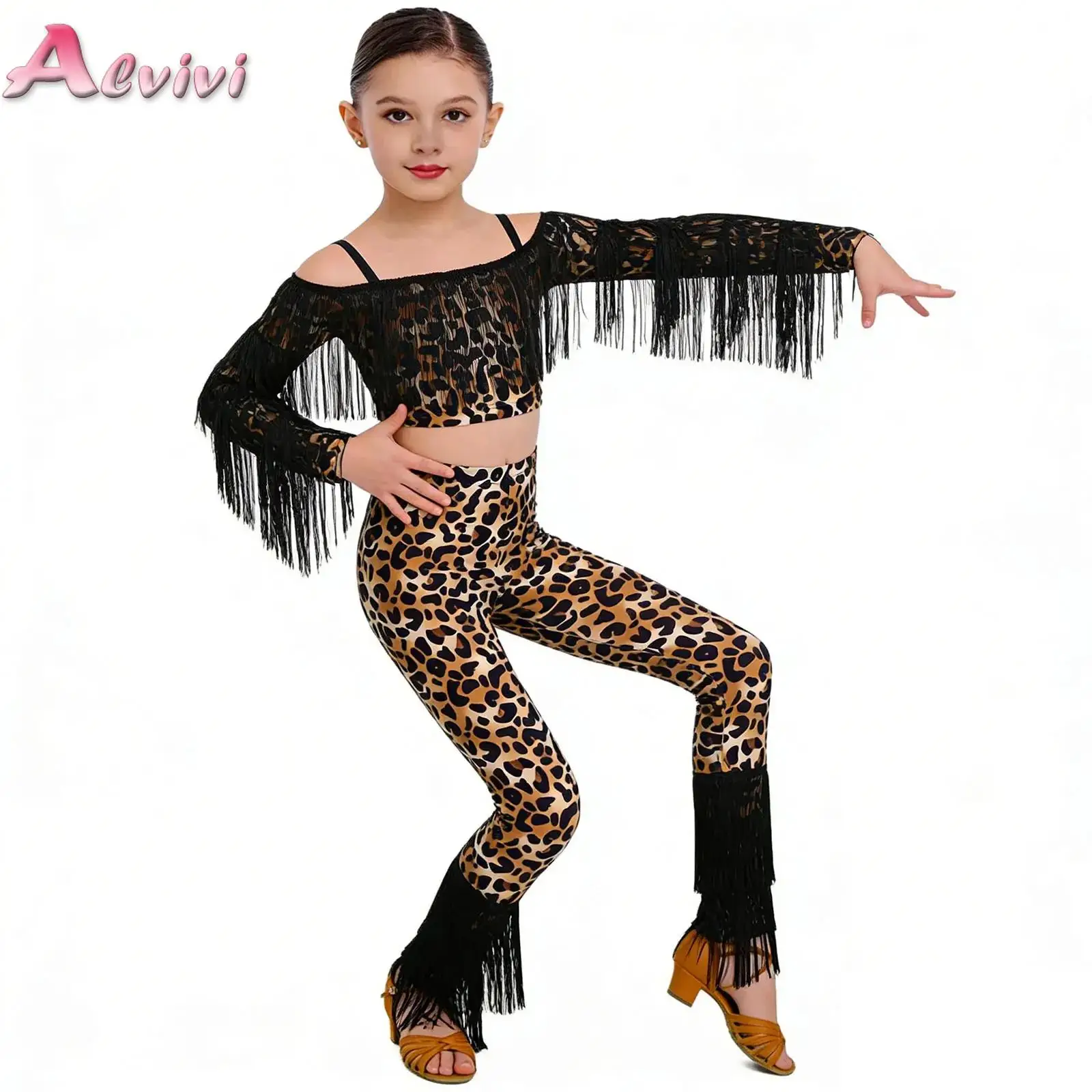 

Kids Girls Tassels Leopard Latin Dance Outfit Long Sleeve Rumba Tango Crop Top with Pants Set for Stage Performance Competition