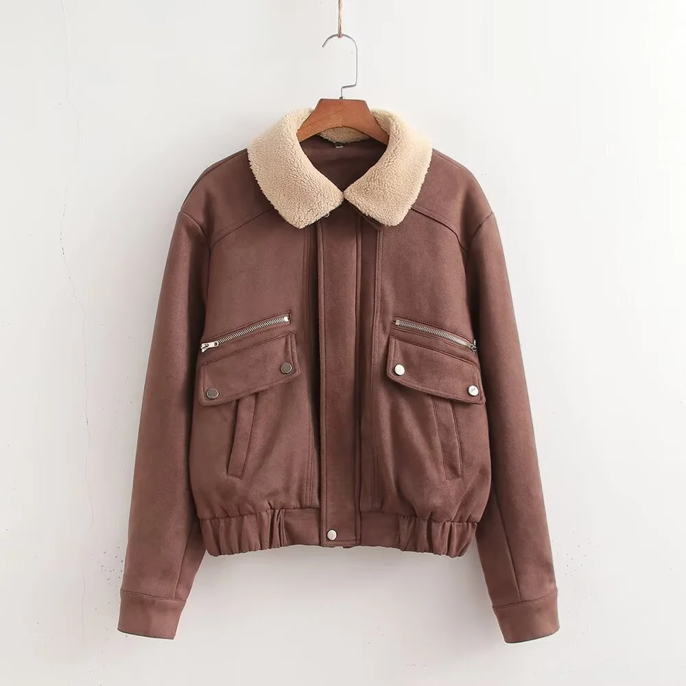 

Taop&Za Autumn New Women's Fashion, Casual and Versatile Flip Collar Long Sleeve Thick Motorcycle Coat