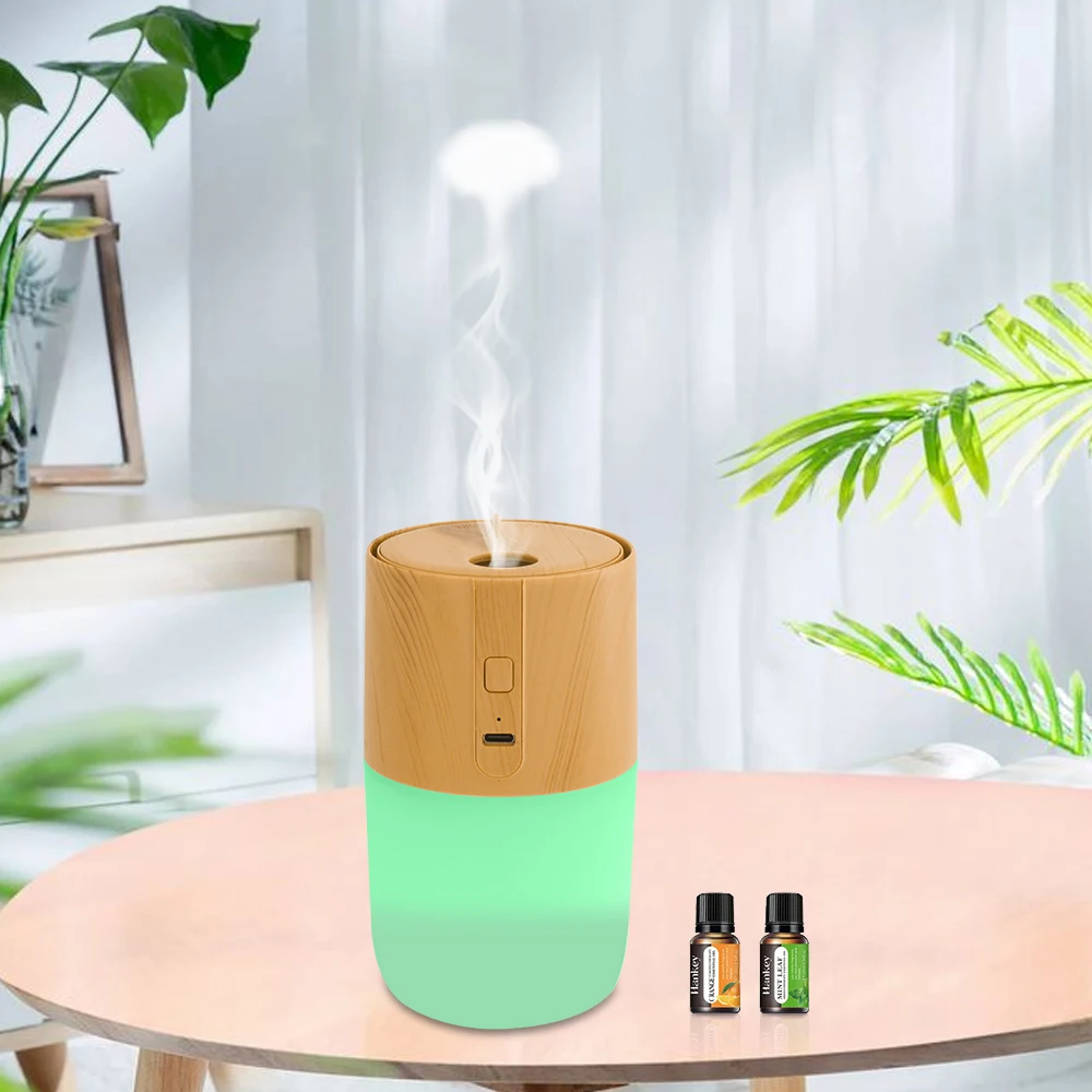 Pelembap Ultrasonik Serbuk Kayu Penyebar Minyak Esensial 300Ml, Pembersih Udara & Lampu Malam dengan 7 Warna LED Berubah, Operasi Tenang