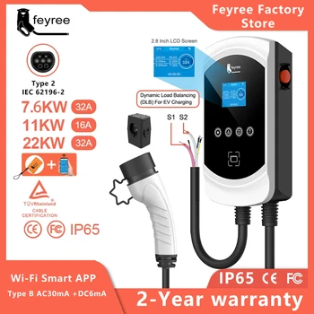 Feyree EV-Ladegerät Typ2-Kabel 32 A 7,6 kW Dynamic Load Blancing EVSE Wallbox APP-Funktion 11 kW 22 kW Ladestation Elektroauto