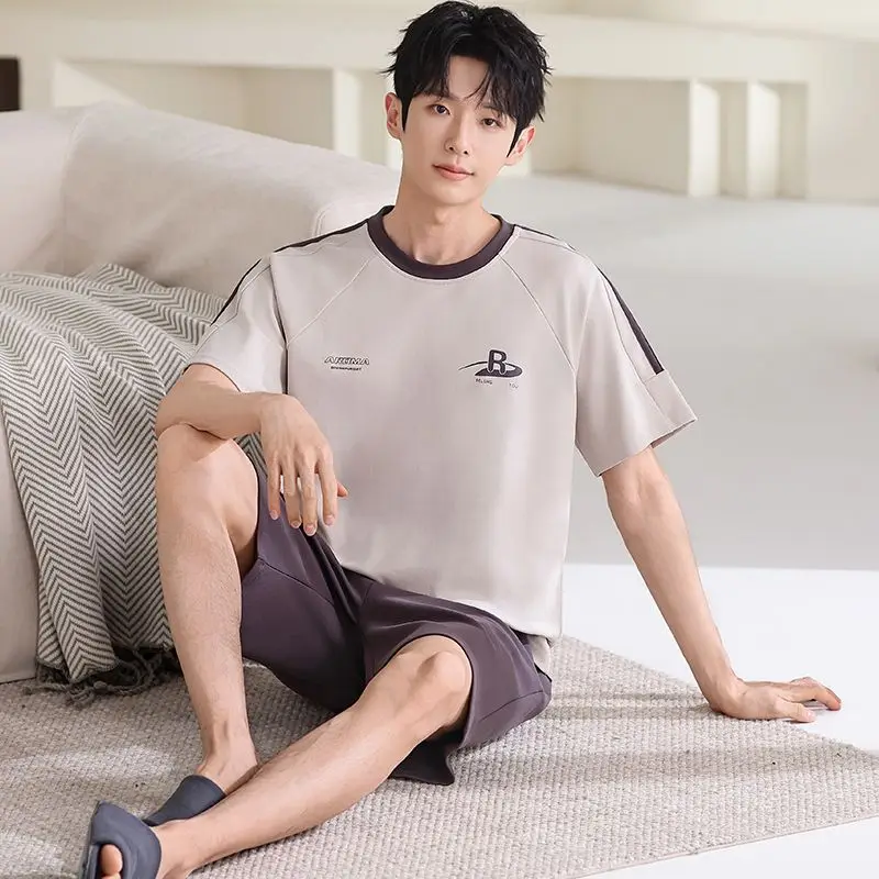 2026 New Summer Short Sleeve Cotton Pajama Sets for Men Korean Loose Sleepwear Suit Pyjama Male Loungewear Homewear Home Clothes
