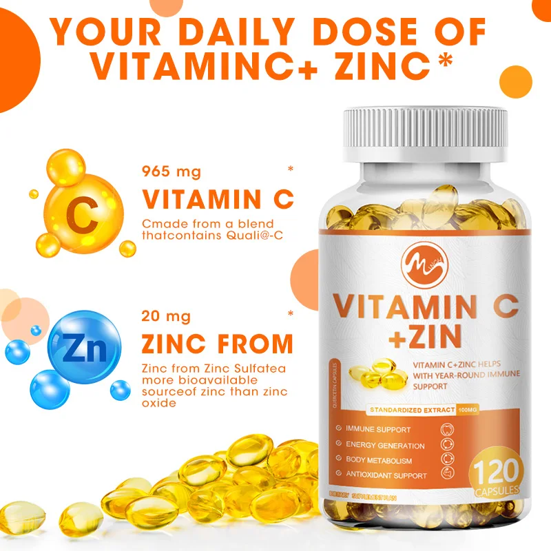 Minch Vitamin C 1000mg With Zinc 20mg Capsules for Support Cellular Energy Production & Collagen Formation Body System Supplemen