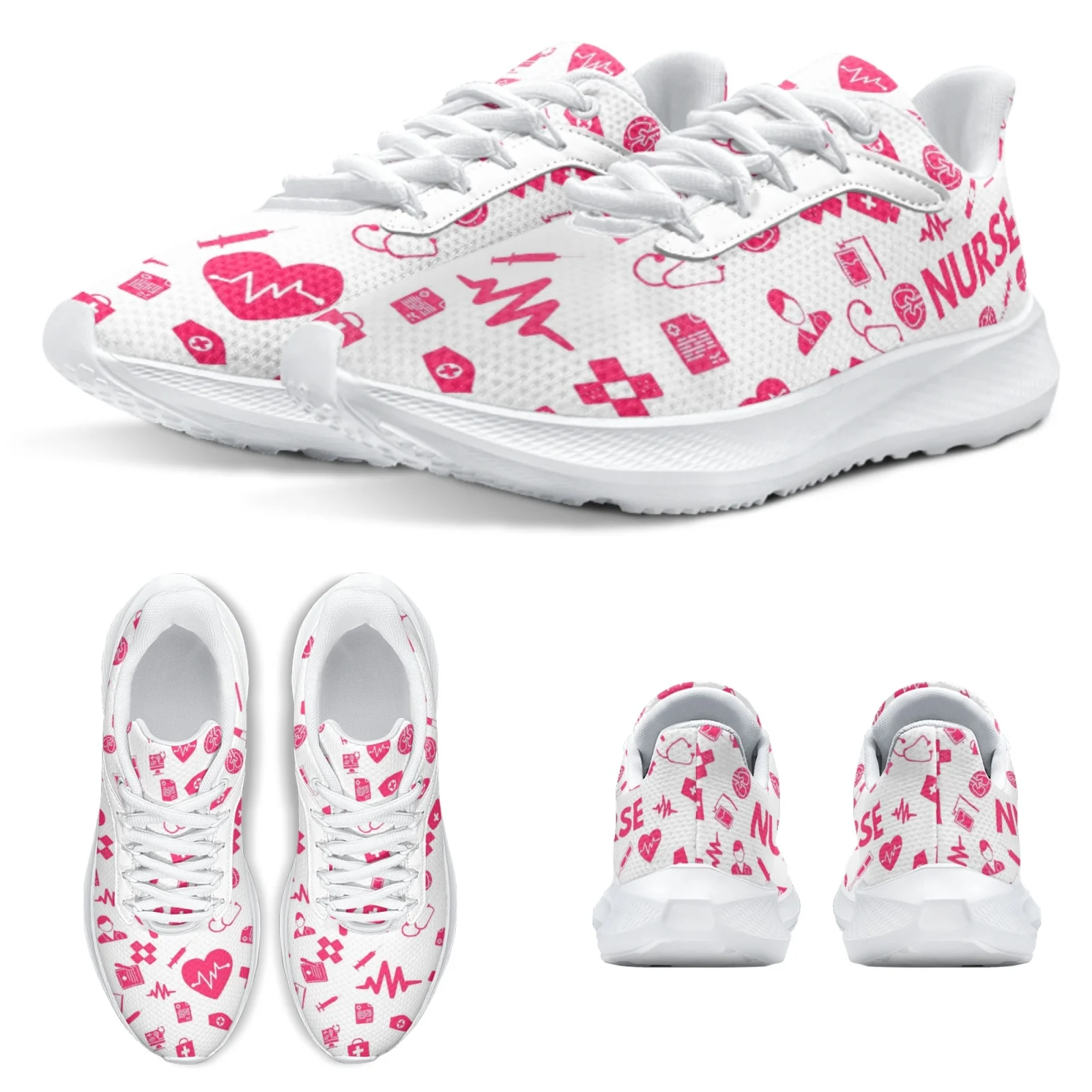 INSTANTARTS Pink Nursing Shoes For Women Medical Printed White Bottom Comfortable Girls Tennis Shoes Anti-shock Running Shoes