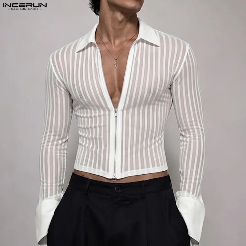 INCERUN Men's Shirt Striped Mesh Patchwork See Through Lapel Long Sleeve Men Clothes Streetwear Sexy Fashion Crop Tops For Man