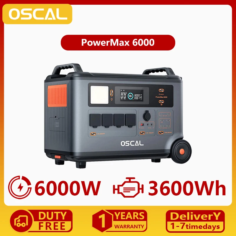 Oscal PowerMax 6000 draagbare krachtcentrale, 6000W generator 3600Wh LiFePO4, 14 stopcontacten generator voor noodgevallen thuis, buiten kamperen