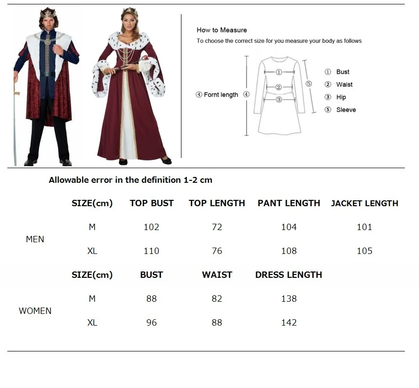 Halloween Party Emperor King Queen Costume Medieval Royal Court Fantasia Fancy Dress Men Women Couple Medieval Dress