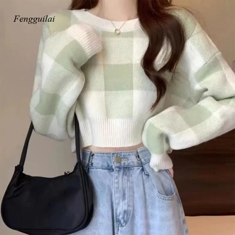 Korean Sweet Gentle Style Short Pullovers Women Chic Contrast Color Plaid Knitted Sweaters Casual All-Match Loose O-Neck Tops