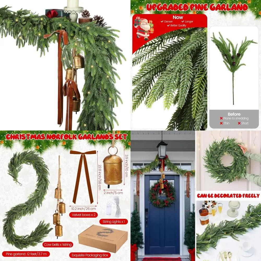 

Norfolk Pine Christmas Garlands, 12-ft, with Cow Bells, Velvet Bows, and Light Strings for Holiday Home Decor