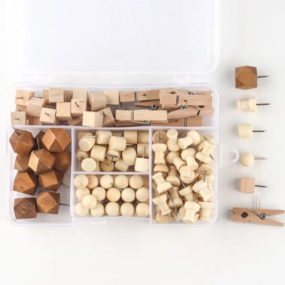 

128Pcs Simple Creative Wooden Push Pins 3D DIY Blackboard Push Pins with Box Multifunctional Decorative Studs Photo Wall Decor