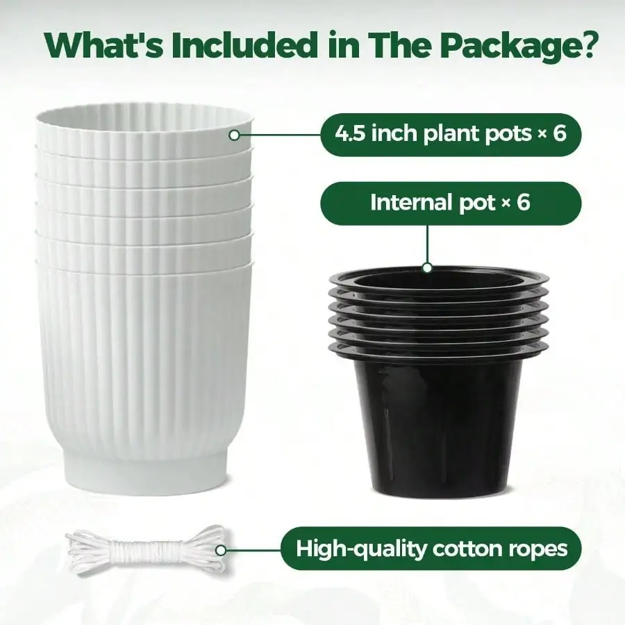 Doniczki samozraszające się o średnicy 11,5 cm, zestaw 6 sztuk, doniczki na fioleci afrykańskie, małe rośliny doniczkowe, małe doniczki do wnętrz, białe