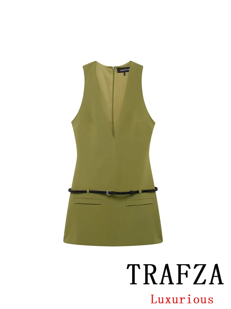 TRAFZA Vintage Casual Chic Solid Women Dress V-Neck Sashes Sleeveless Pockets Straight Mini Dress New Fashion 2024 Autumn Dress