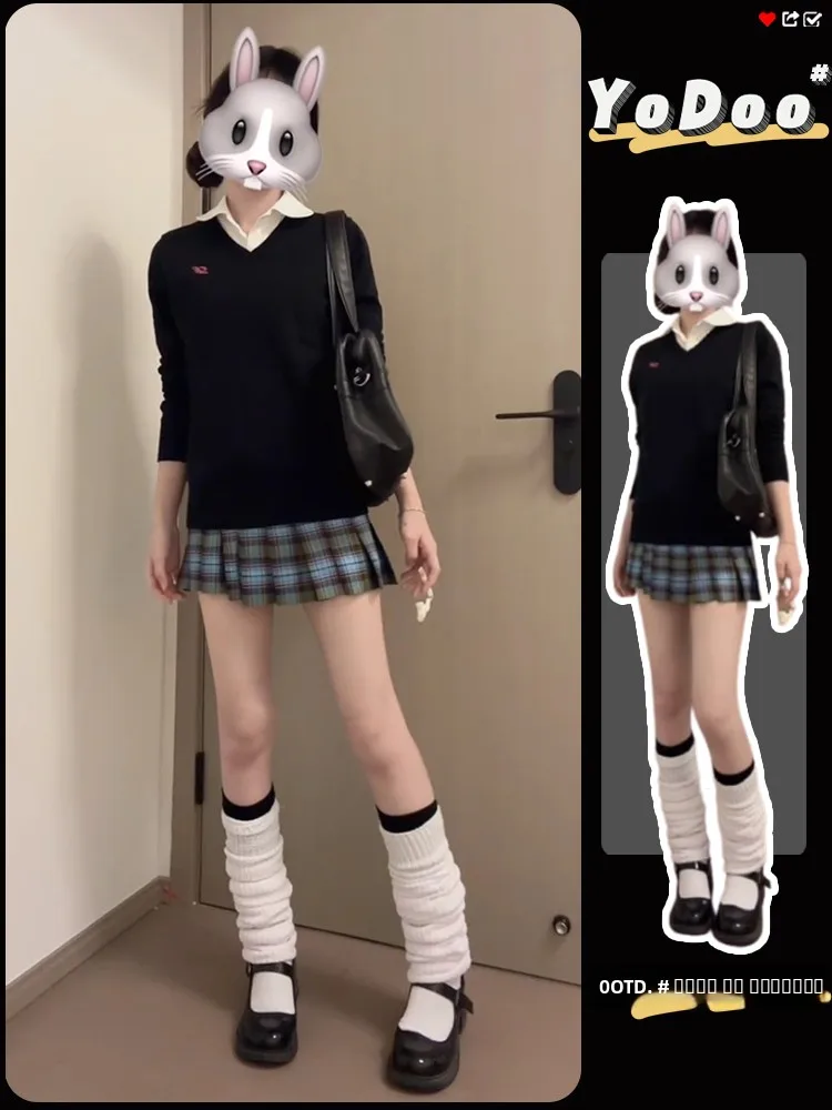 

Original Water Economy Bla Long Sve V-Ne Knitted Sweater Embroidered Slimming Autumn Winter School orm Top