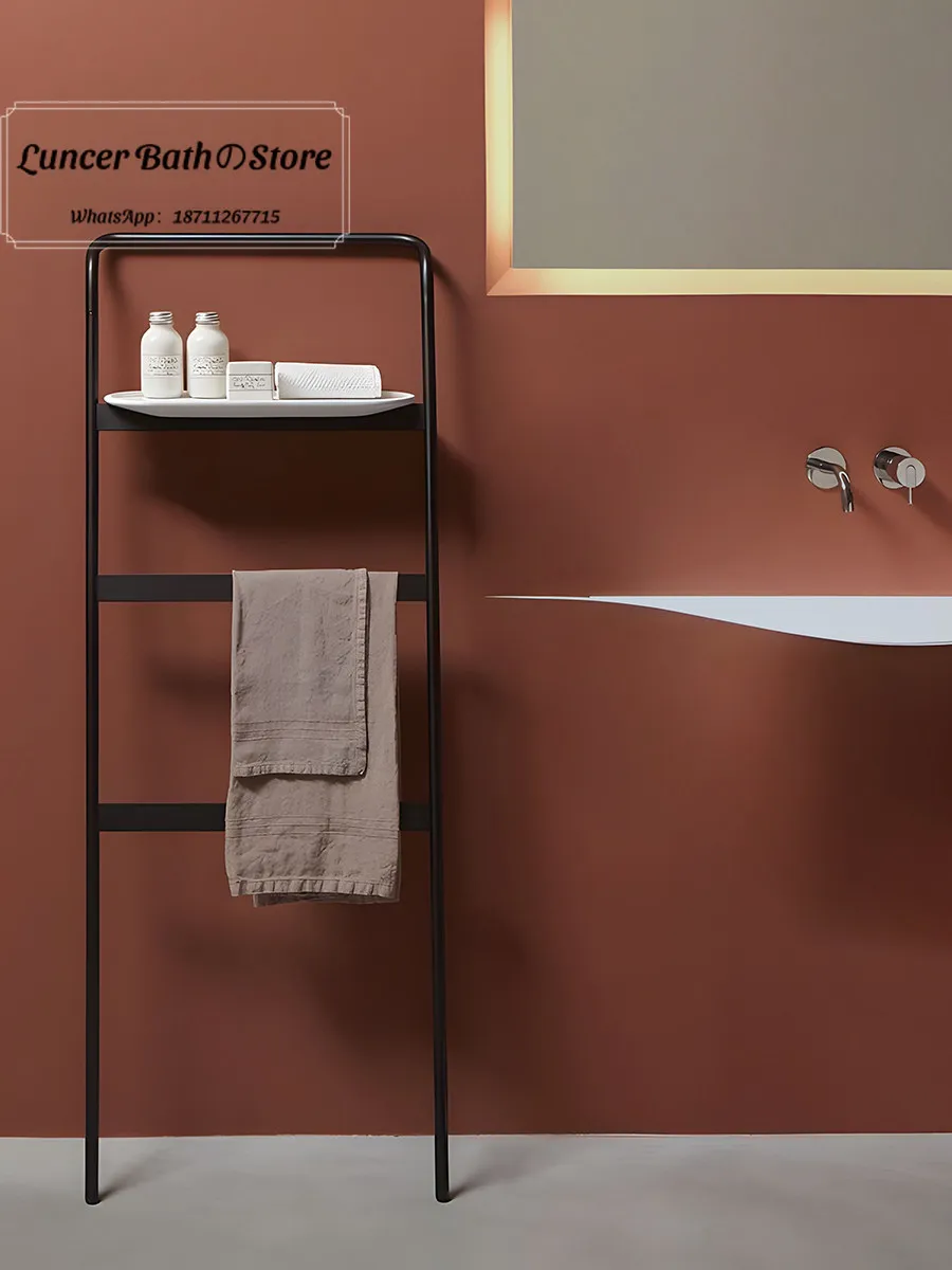 

Nordic non-punching vertical white stainless steel towel rack bathroom simple black floor trapezoidal towel rack