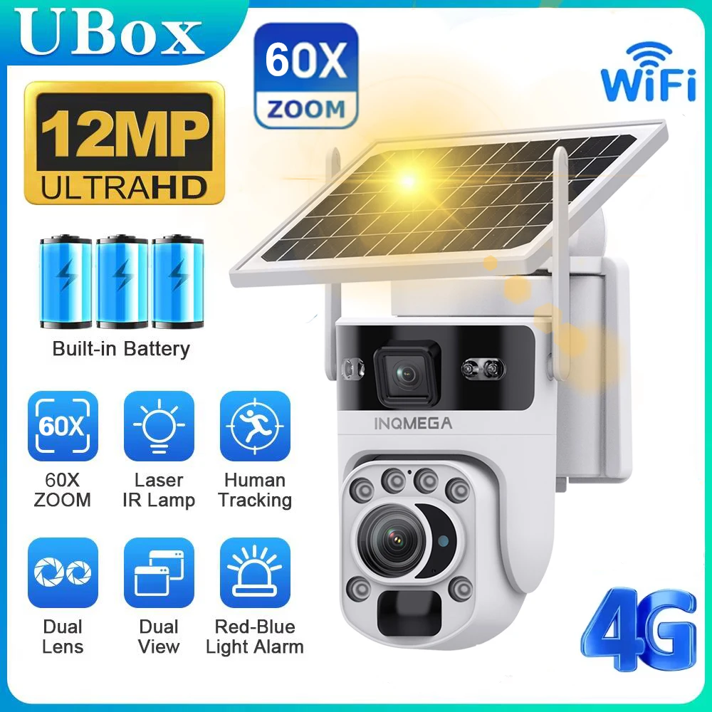 INQMEGA Solar Outdoor Camera 1200MP 60x Zoom Supports WIFI/4G Pan Tilt Control Humanoid Detection Automatic Alarm Monitoring