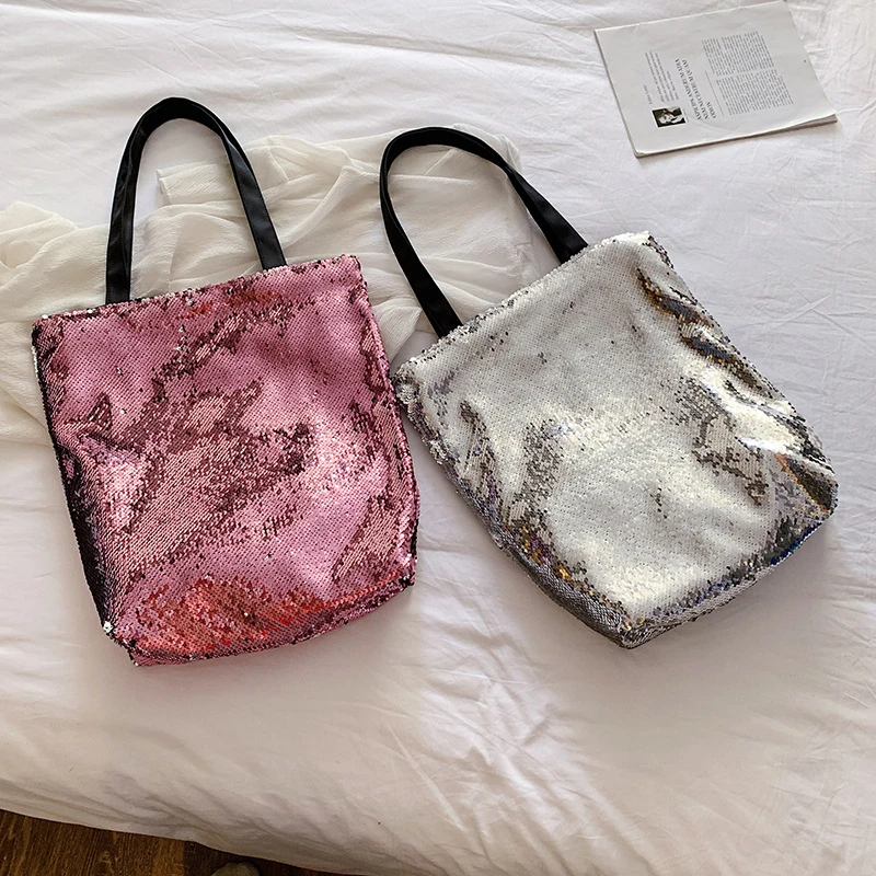 

Bling Sequin Tote Bag for Women Large Capacity Shoulder Handbag, Foldable Shopping Bag, Daily Travel Beach Purse Outdoor