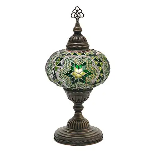 LaModaHome English Moroccan Handmade Mosaic Glass Table Lamp Light with Decorative Dark Copper Fixture for Bedroom, Livingroom a