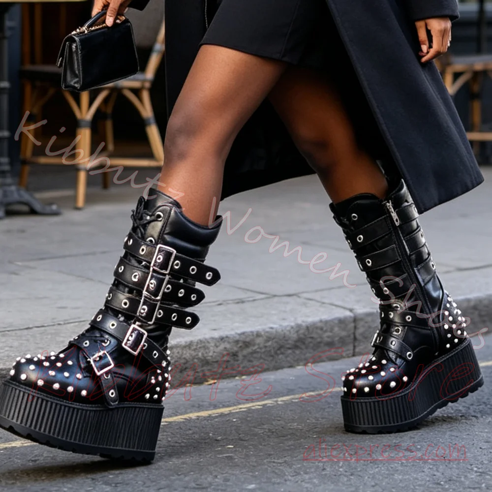 Platform Ankle Boots Spike Stud Multi Strap Buckle Side Zip Footwear Punk Gothic Alternative Fashion Leather Solid Color Elegant