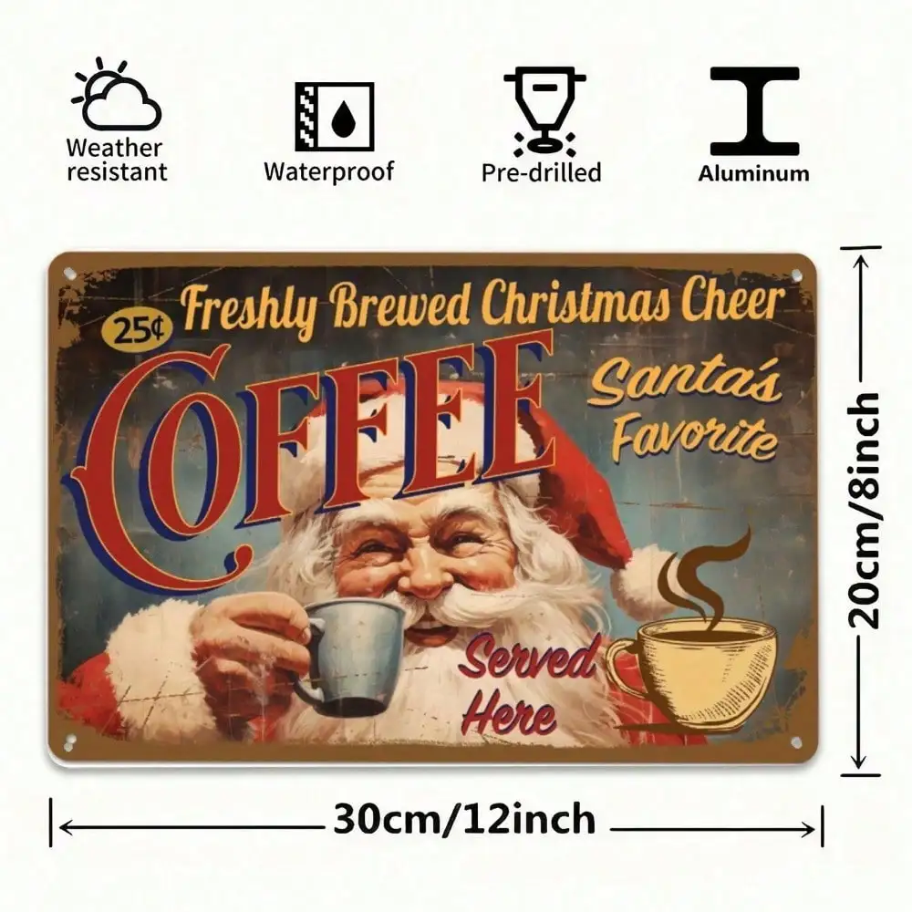 Vintage Christmas Coffee Sign Featuring Santa Claus Holding a Mug, Freshly Brewed Holiday Cheer, 25 Cents, Santa's Favorite, Ser