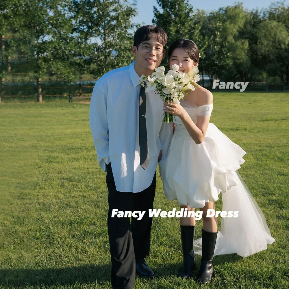 

Fancy Simple Off Shoulder Wedding Dress Korea Photo Shoot A Line Taffeta Bridal Gown Back Corset With Tail Customized