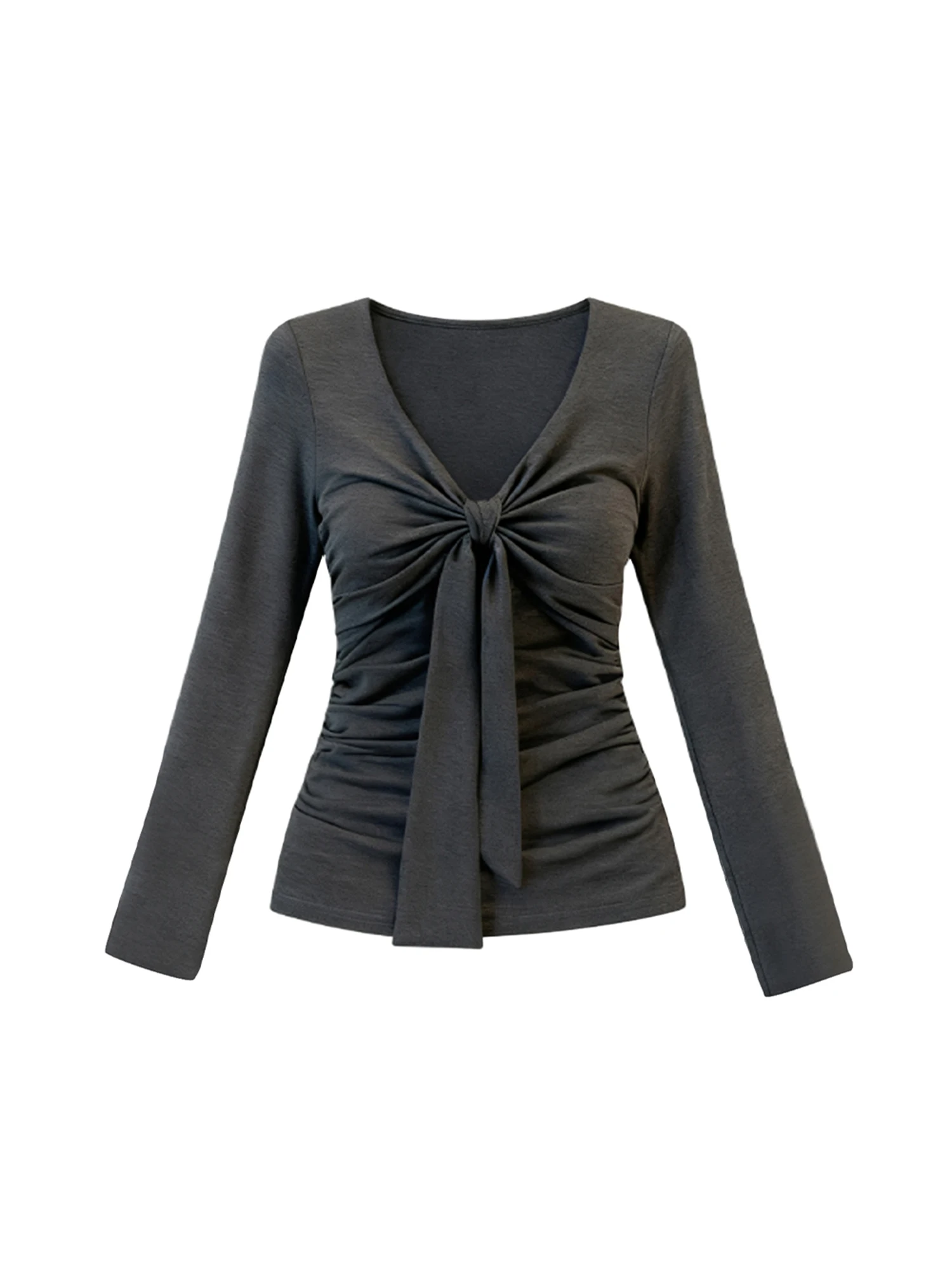 

Женская темно-серая футболка с бантом Y2k, винтажная футболка Harajuku Aesthetic Gyaru с v-образным вырезом, футболки большого размера с длинными рукавами, одежда 2000-х годов