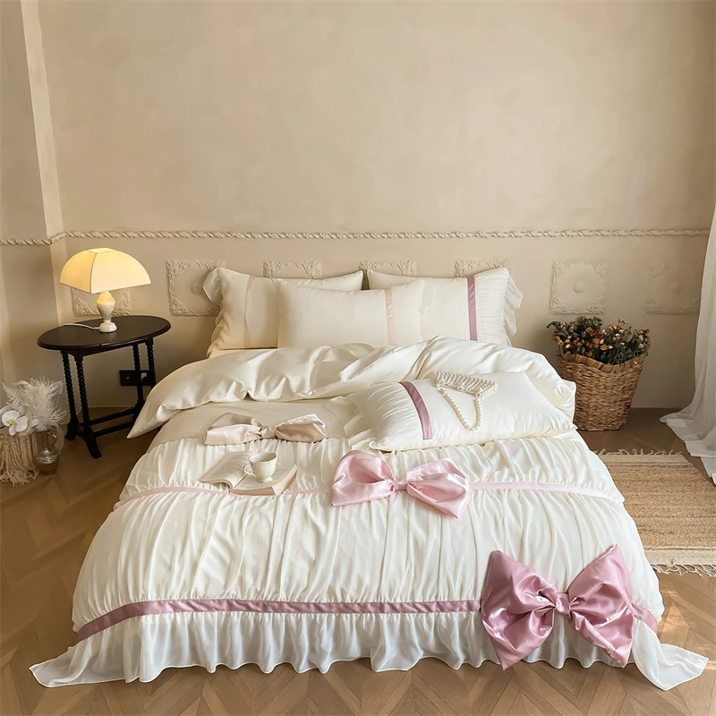 1000TC Egyptian Cotton French Princess Style Ruffles Lace Bow Bedding Set Duvet Cover Flat/Fitted Bed Sheet Pillowcases 4Pcs