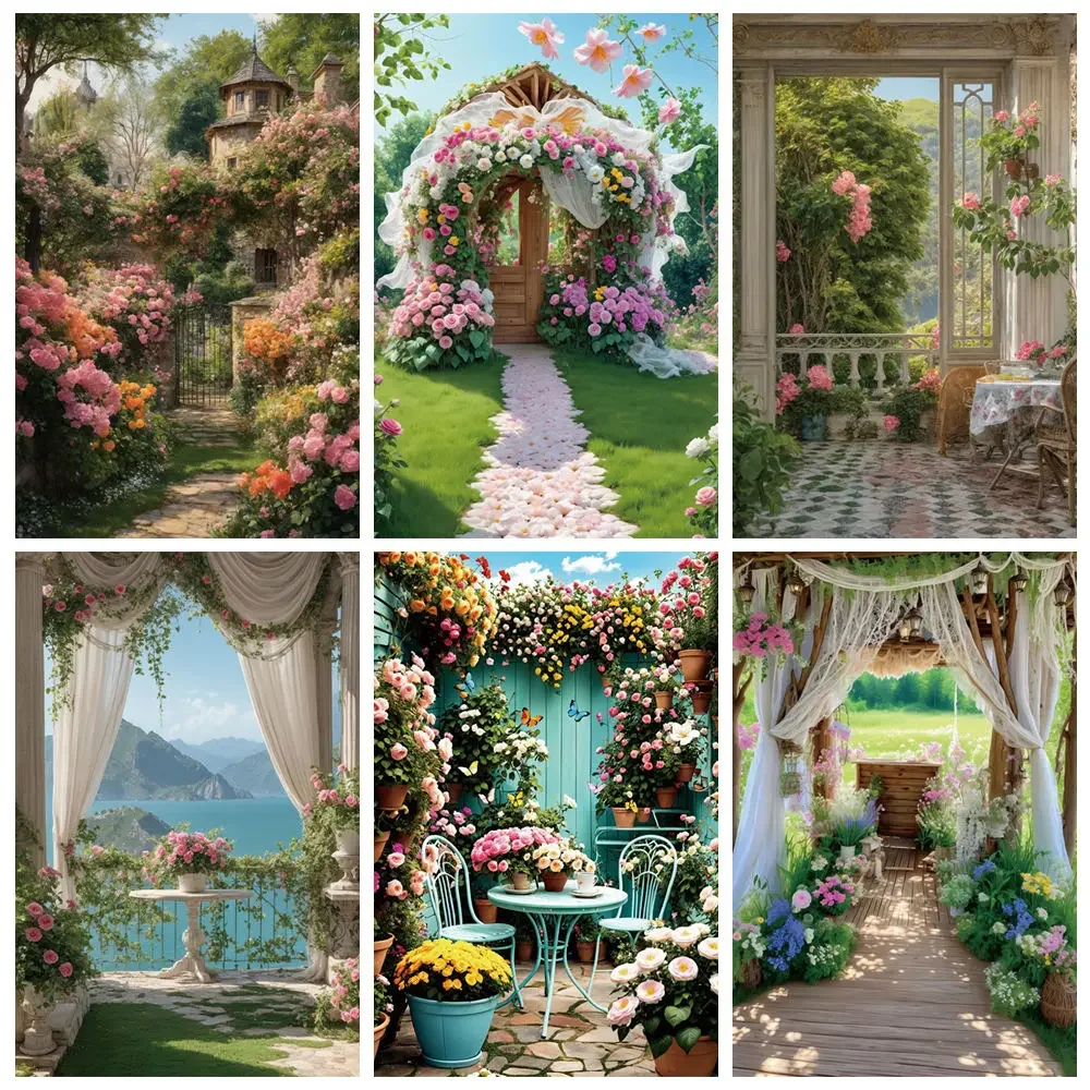 MOON.QG Spring Floral Flower Garden Photography Backdrop Curtain Brick Road Women Portrait Photozone Background Home Decoration