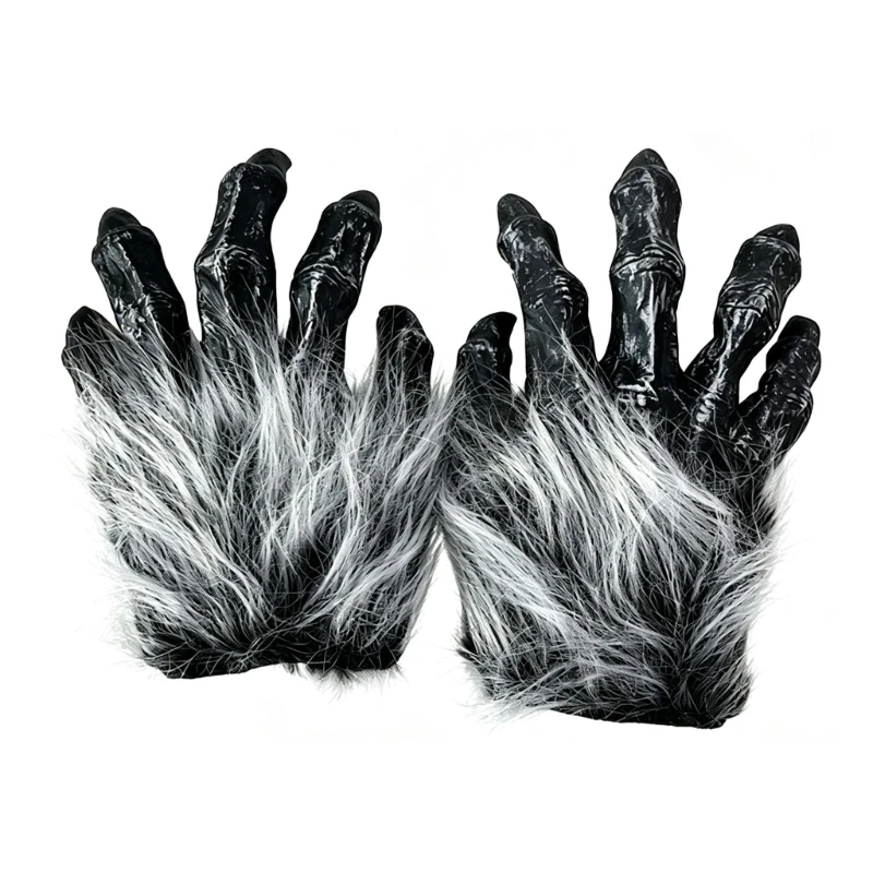 DXAE Party Costume Gloves Pair with Pointed Finger and Gray Textured Trim for Horror Role Play, Halloween Wear and Picture