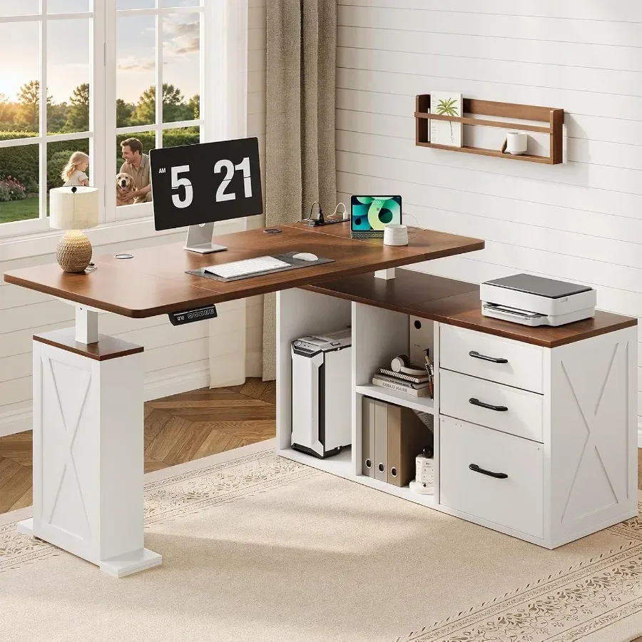 L Shaped Standing Desk - Farmhouse Smart Computer Desk with Storage