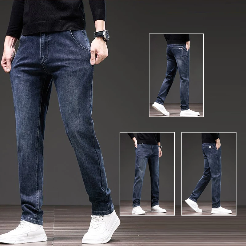 

Базовый стиль, облегающие синие брюки 2022, мужские весенне-осенние эластичные джинсы с принтом, мужские свободные прямые модные джинсовые брюки