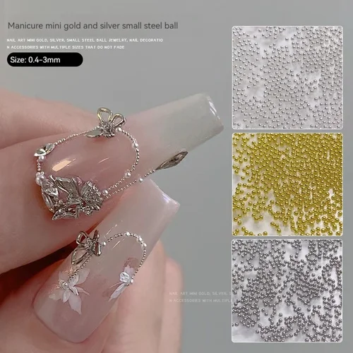 Imagen 2 del producto Mini Caviar de cristal de 0,4-3,0mm, cuentas de Metal, abalorio para uñas, bola de acero dorada/plateada/blanca, perno para uñas, Micro bola 3D, decoración de diamantes, cuentas redondas