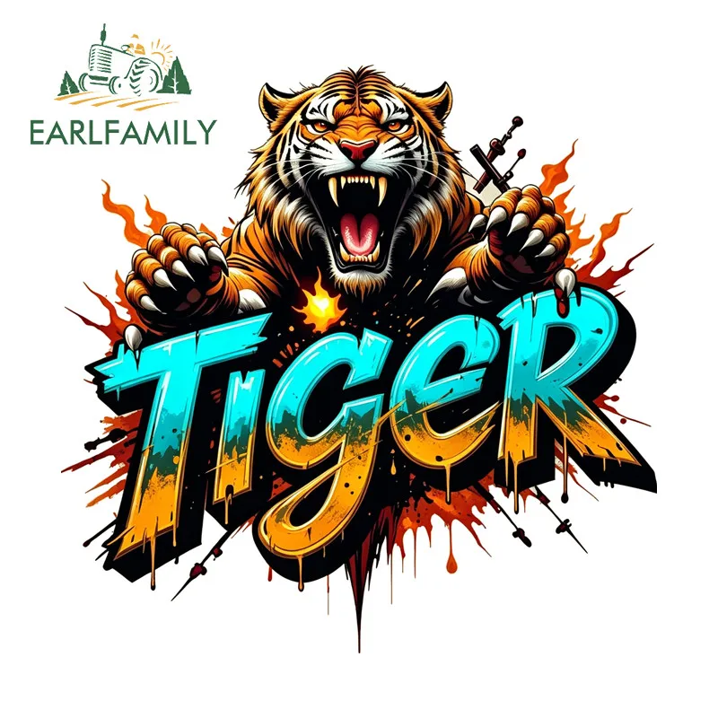 EARLFAMILY Tiger Graffiti Car Stickers Humorous Campervan Boat Scrapbook Helmet Waterproof Decal Scratch-Proof Car Accessories