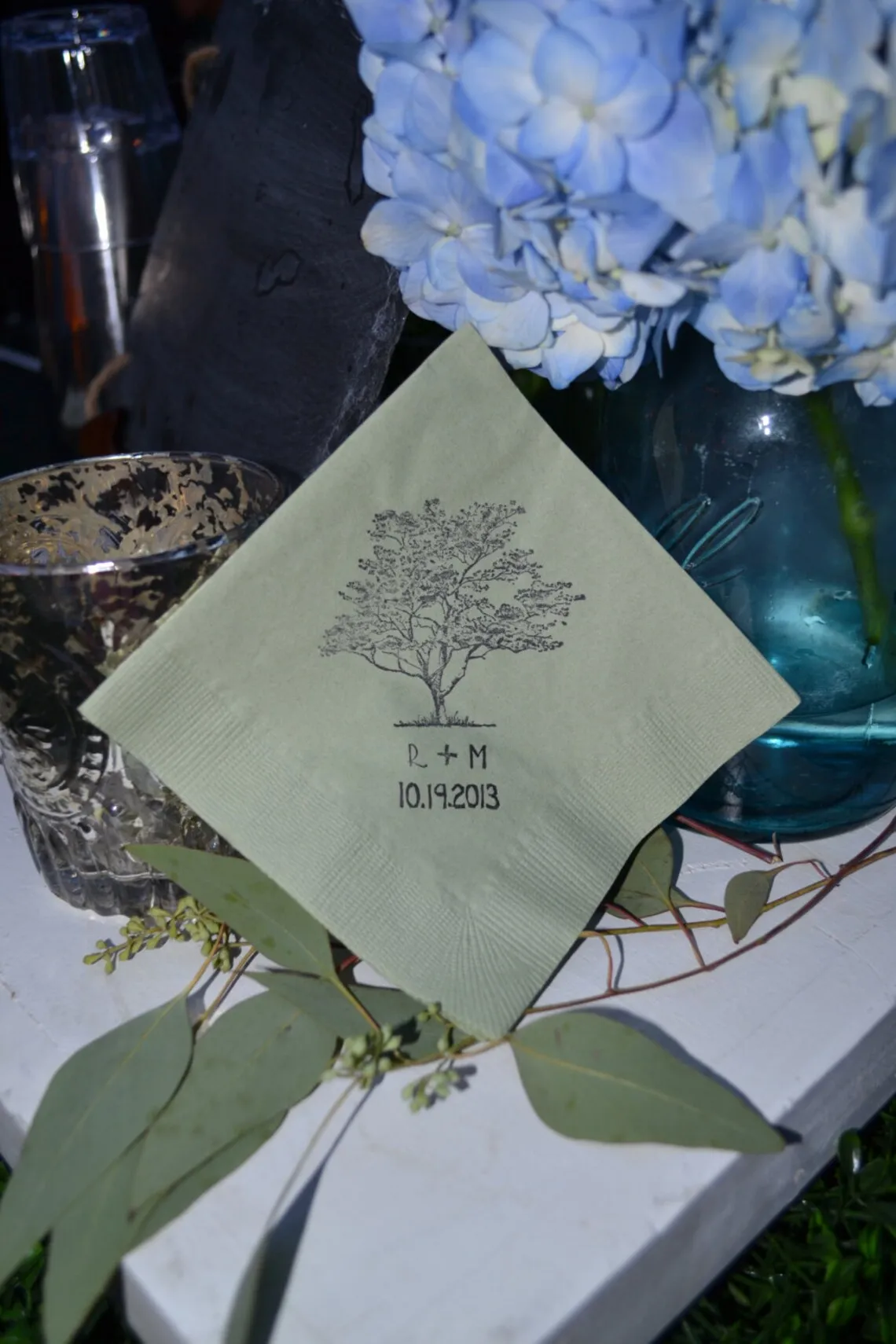 Rustic Personalized Sage Green Woodsy Wedding Custom Paper Beverage Cocktail Napkins With Live Oak Tree and Couples Initials - S