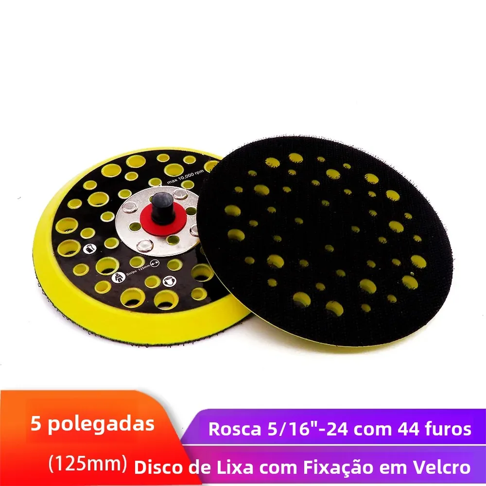 Almofada de lixamento, 5 polegadas, 125mm, 44 furos, gancho e lixa de laço, com 5/16 "-24 roscas, livre de poeira, suporte de disco para mirka