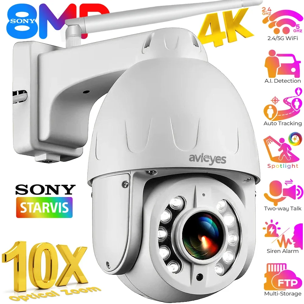 4K 10X 5X Optical Zoom WiFi PTZ Camera Outdoor 8MP 5MP Auto Tracks AI. Detect Dome IP Cameras Spotlight Siren Alarm Security Cam