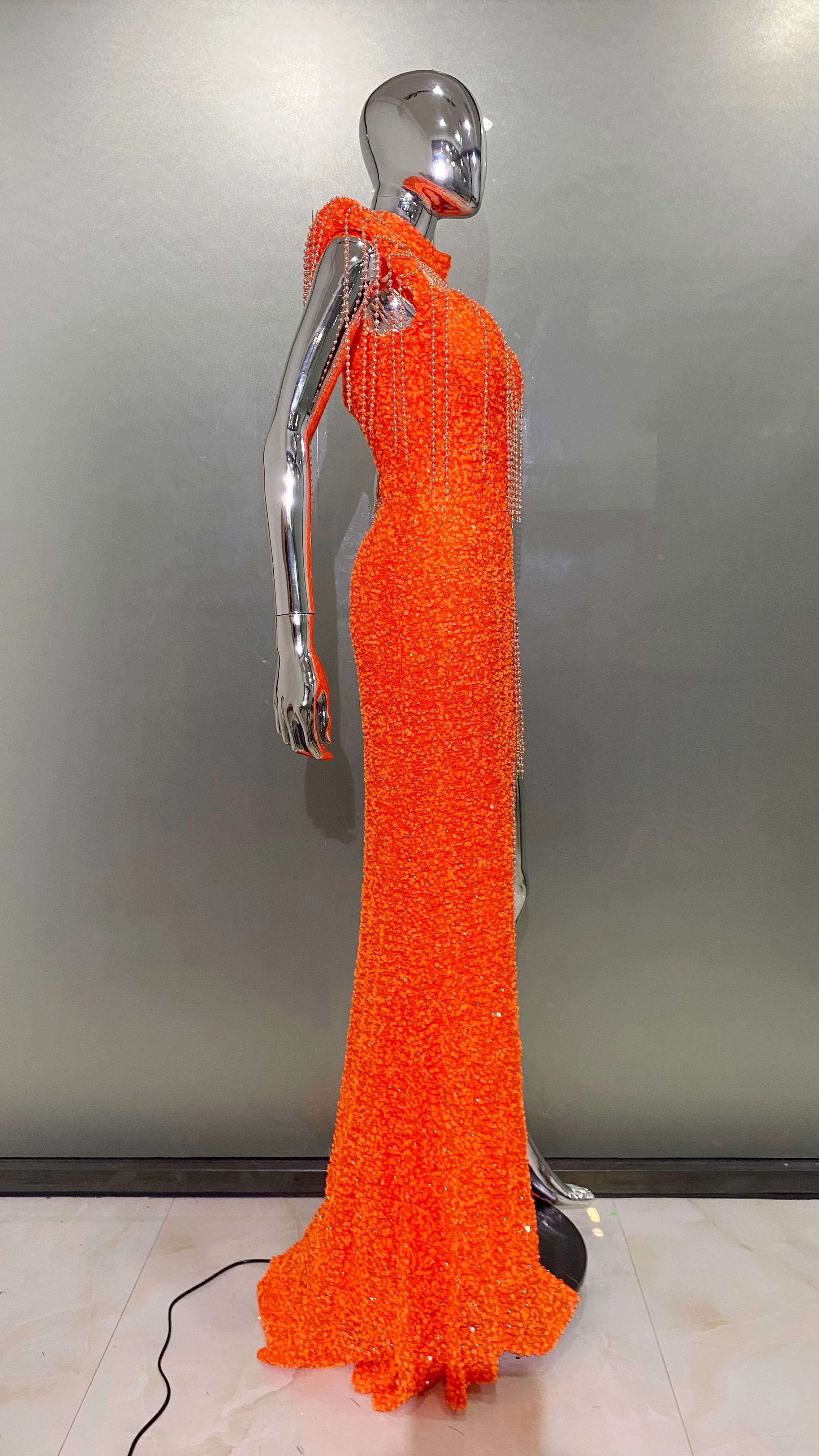 Women Luxury Sexy Short Sleeve Mesh Sequins Orange Maxi Long Dress 2024 Elegant Party Evening Stage Performance Dress Vestido