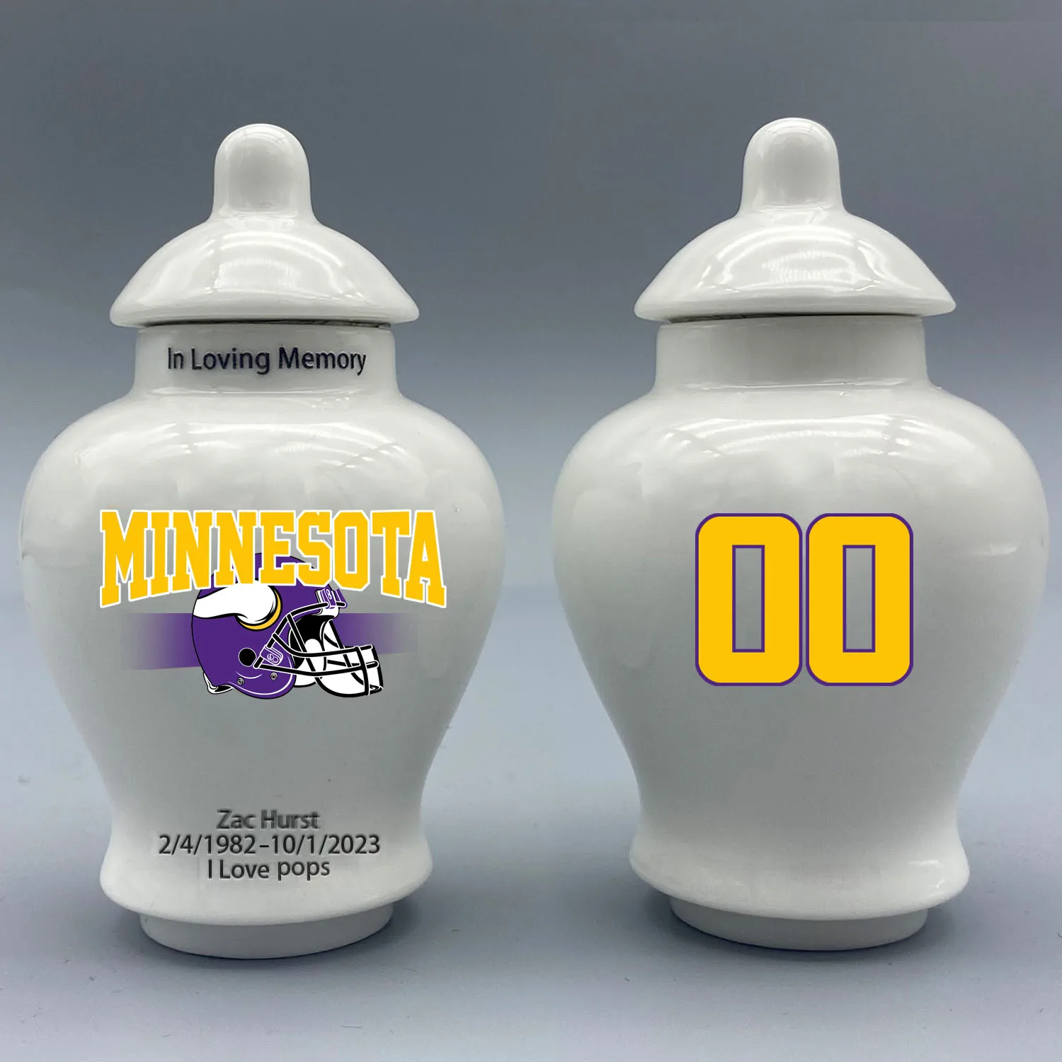 Mini Urn for Minnesota Vikings-themed Logo Urn.Please send me the customization information - name/date and number on the urn!