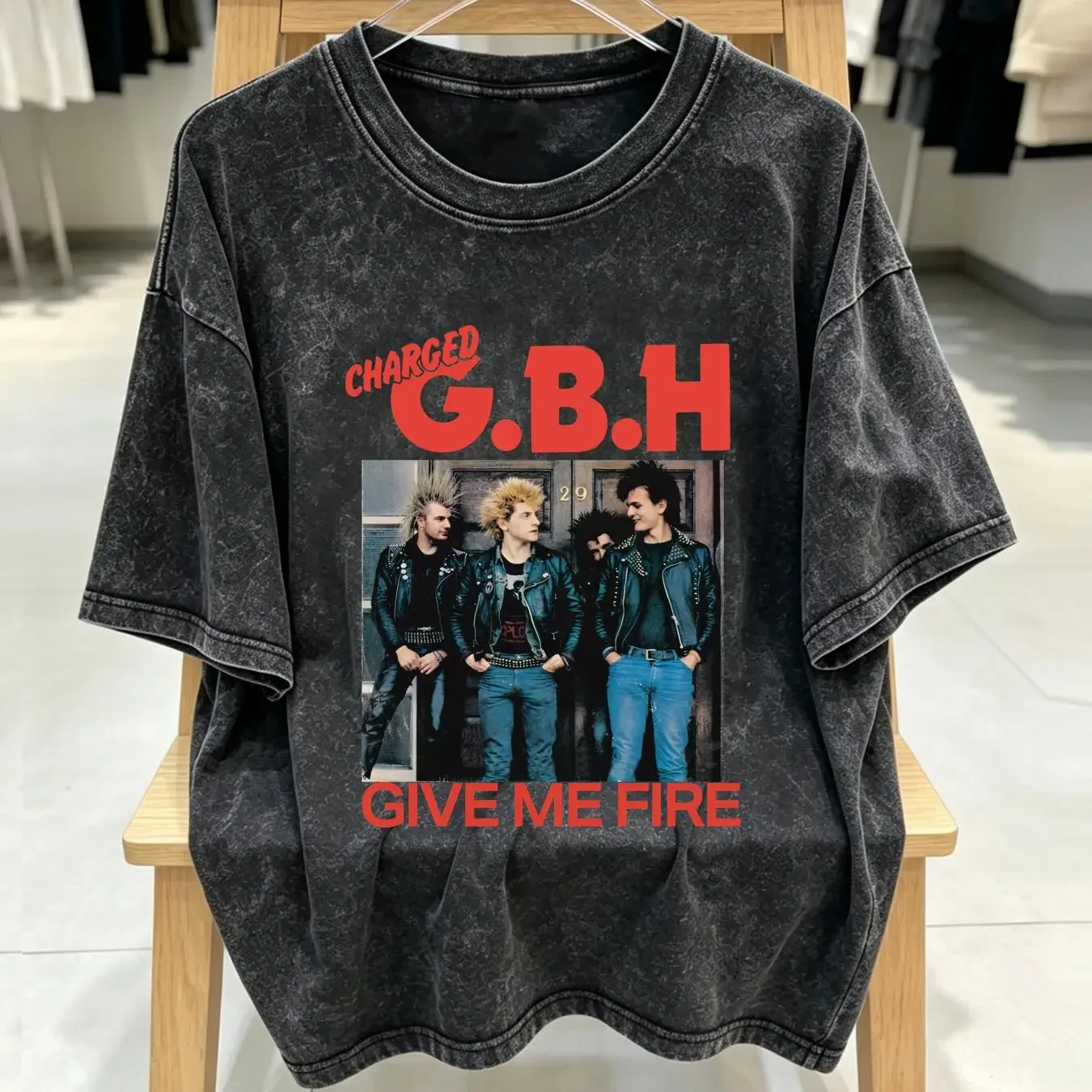 washed T Shirt Charged G B H Mens Give Me Fire Color Punk Band YA281 vintage Washed fashion homme Comfortable Unisex Slightly